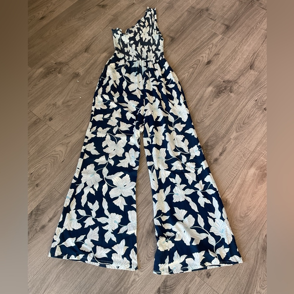 Japna Floral Wide Leg One shoulder smocked Jumpsuit. - Picture 4 of 13